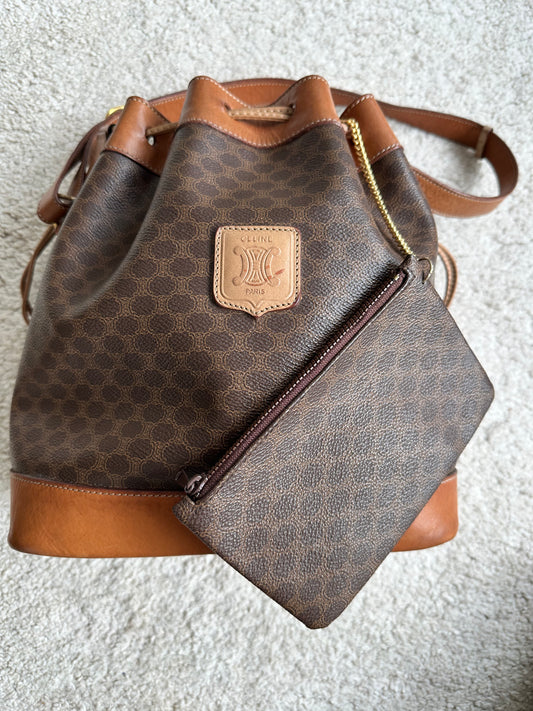 Macadam Coated Canvas & Calfskin Leather Vintage Bucket Bag with Pouch